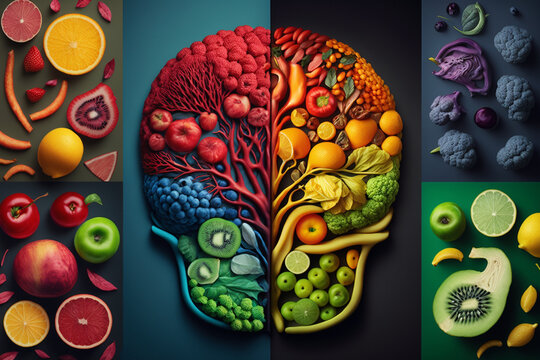 Colorful Collage showing the power of health eating, Brain Food, Fruits, Healthy Nutrition 