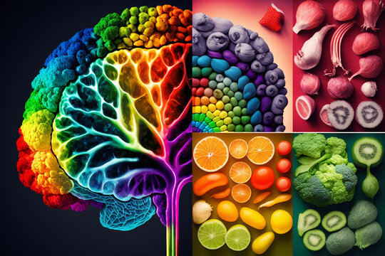 Colorful Collage showing the power of health eating, Brain Food, Fruits, Healthy Nutrition 