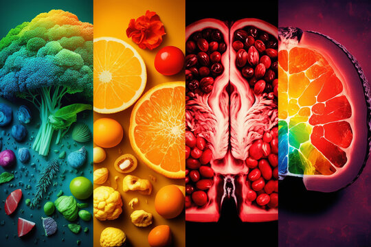 Colorful Collage showing the power of health eating, Brain Food, Fruits, Healthy Nutrition 