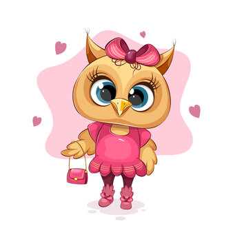 A cute cartoon fashionable owl with bag and bow