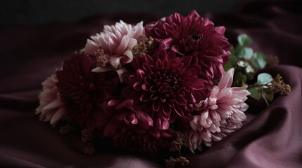 composition, burgundy silk chrysanthemums, pearl, delicate, bright, greenery, tones, beauty, simplicity, luxury, sophistication. 