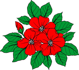 drawing of a branch of red flowers with a black outline on a white background, logo, art