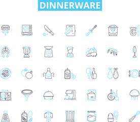 Dinnerware linear icons set. Plates, Bowls, Cups, Saucers, Mugs, Serving dishes, Chargers line vector and concept signs. Coasters,Napkin rings,Platters outline illustrations