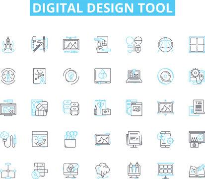 Digital design tool linear icons set. Photoshop, Illustrator, Sketch, Figma, Canva, Procreate, Inkscape line vector and concept signs. CorelDRAW,GIMP,Affinity outline illustrations