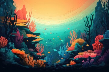Fototapeta na wymiar Colorful coral reef teeming with vibrant marine life, with clear blue water and rays of sunlight filtering through, creating a peaceful and captivating underwater world. Generative AI