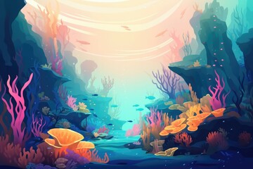 Colorful coral reef teeming with vibrant marine life, with clear blue water and rays of sunlight filtering through, creating a peaceful and captivating underwater world. Generative AI