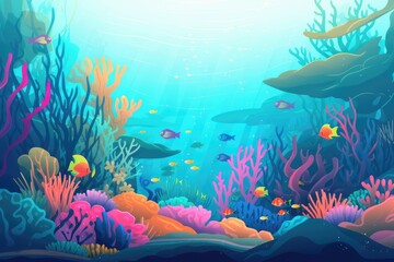 Fototapeta na wymiar Colorful coral reef teeming with vibrant marine life, with clear blue water and rays of sunlight filtering through, creating a peaceful and captivating underwater world. Generative AI