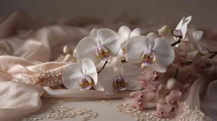 composition, wild orchids, silk, pearl, delicate, pastel, shades, beauty, simplicity, luxury, sophistication. Generative AI