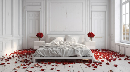 Generate a description of a beautiful modern bedroom in white color sprinkled with red rose petals in 200 words. Leave only nouns and adjectives. Separate the words with commas. Generative AI