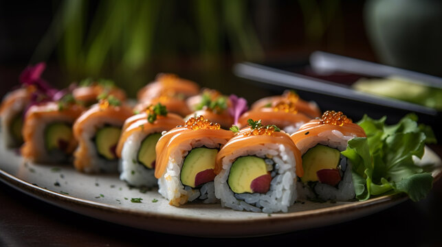 Beautifully presented Chinese sushi rolls attract attention with their refinement and beauty. The rolls are laid out on oval white plates with flower designs. Tender white rice is Generative AI
