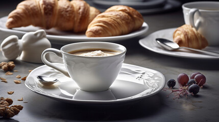 The cappuccino with a croissant looks magnificent thanks to the elegant white porcelain crockery in French style that adds refinement and sophistication to the table. The croissant Generative AI