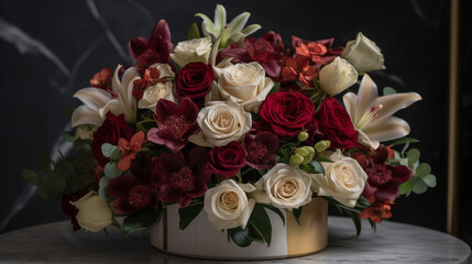 This floral arrangement is a real work of art, embodying all the beauty and sophistication of luxury. It can be a wonderful gift for dear and close people, symbolizing mutual affec Generative AI