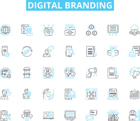 Digital branding linear icons set. Identity, Voice, Reputation, Visibility, Perception, Consistency, Differentiation line vector and concept signs. Messaging,Storytelling,Engagement outline