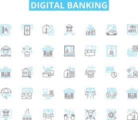 Digital banking linear icons set. Fintech, Mobile, Online, Transactions, Security, Innovation, Accessibility line vector and concept signs. Integration,Cloud,Cryptocurrency outline illustrations