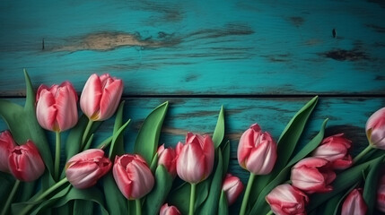 Fototapeta na wymiar The tulip border with the copying space. A beautiful framed composition of spring flowers. A bouquet of pink tulips on a vintage turquoise-blue wooden background.