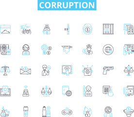 Corruption linear icons set. Bribery, Extortion, Nepotism, Embezzlement, Fraud, Graft, Kickbacks line vector and concept signs. My laundering,Racketeering,Scheming outline illustrations