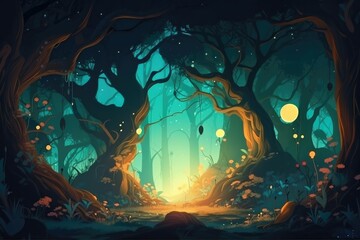 Enchanted forest with twisted trees and mossy ground, shrouded in a mystical mist and illuminated by the soft glow of fireflies, evoking a sense of magic and wonder. Generative AI