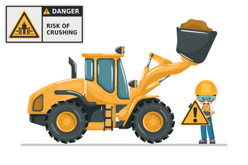 Crush hazard hazard from front loader bucket. Safety sign and pictogram. Prevention of work accidents. Security First. Industrial safety and occupational health at work
