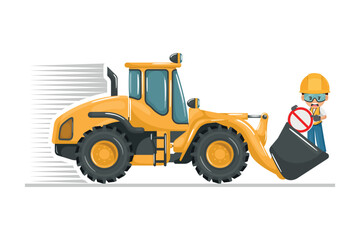 Transporting people on the front loader bucket is prohibited. Safety in handling a front loader. Security First. Accident prevention at work. Industrial Safety and Occupational Health