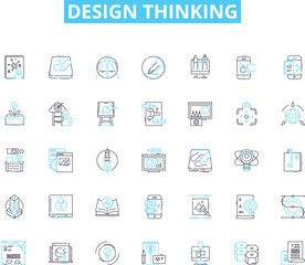 Naklejka na ściany i meble Design thinking linear icons set. Ideation, Prototyping, Empathy, Iteration, Solutions, Insights, User-centered line vector and concept signs. Brainstorming,Creative,Collaboration outline