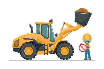 Crush hazard hazard from front loader bucket. Forbidden to be located below. Safety sign and pictogram. Prevention of work accidents. Security First. Industrial safety and occupational health at work