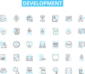 Development linear icons set. Progress, Growth, Advancement, Innovation, Evolution, Transformation, Maturation line vector and concept signs. Expansion,Change,Improvement outline illustrations