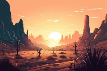 Exotic desert landscape with sand dunes and towering rock formations, illuminated by the warm glow of a setting sun, creating a sense of rugged beauty and adventure. Generative AI