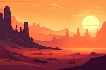 Exotic desert landscape with sand dunes and towering rock formations, illuminated by the warm glow of a setting sun, creating a sense of rugged beauty and adventure. Generative AI