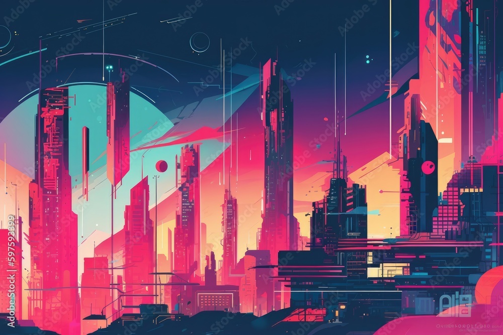 Canvas Prints Futuristic cityscape with towering skyscrapers, neon lights, and flying vehicles, representing a world of advanced technology and urban sophistication. Generative AI