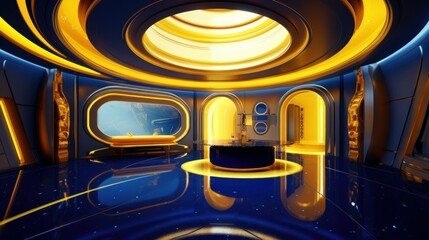 Obraz premium Electric Blue and Bright Yellow meet Luxury Interior in Award-Winning 8K HD Design with Shiny Walls and Bionic, Vintage-Inspired Equipment, Generative ai