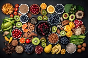 A colorful selection of healthy food for clean eating, including fruits, vegetables, seeds, superfoods, cereals, and leafy greens. Image Generated by Ai