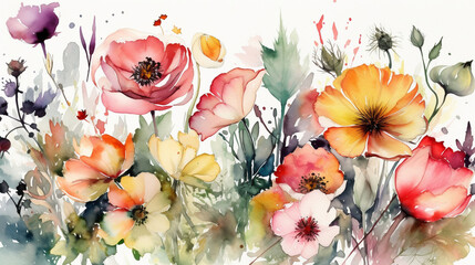 o generate a description of a floral watercolor illustration on a white background using 200 words. To leave only nouns and adjectives. To separate the words with commas. Watercolo Generative AI