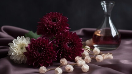 Obraz na płótnie Canvas composition, burgundy silk chrysanthemums, pearl, delicate and bright perfumes, greenery tones, beauty, simplicity, luxury, sophistication. Generative AI