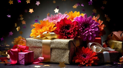 Generate a description of a beautifully decorated gift: a beautiful bouquet, a gift box, flowing silk, bright colors, gold or silver, . 200 words. Leave only nouns and adjectives. Generative AI
