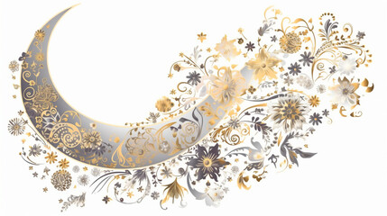 Description of the ornament on a white background: gold, silver, pastel colors, delicacy, simplicity, plant elements, textile, crescent-shaped. Generative AI