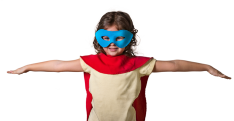 Little child Superhero. In mask and cloak