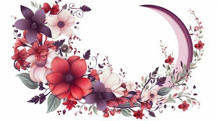 Floral ornament for textile: red and light lilac flowers, lots of greenery, white background, modern, delicate, unique, crescent-shaped. Generative AI