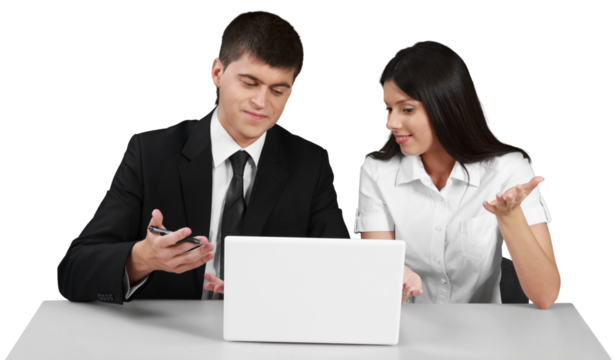 Business people making report with laptop isolated