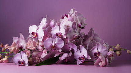 A beautiful bouquet of wild orchids is presented on a lilac background. The bouquet is bright, elegant, and attractive. The orchids are beautiful, delicate, exotic, diverse, and fr Generative AI