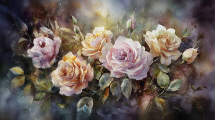 Obraz na płótnie Canvas Painting, watercolor, roses, gold, silver, pastel shades, composition - these are the key words that describe this artwork. In this watercolor painting, delicate pastel shades and Generative AI