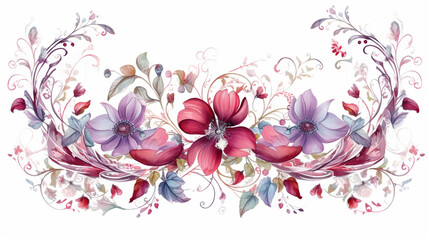 Floral ornament for textile: red and light lilac flowers, lots of greenery, white background, modern, delicate, unique, crescent-shaped. Generative AI