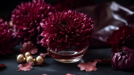 composition, burgundy silk chrysanthemums, pearl, luxurious perfumes, delicate, bright, greenery, tones, beauty, simplicity, luxury, sophistication. Generative AI