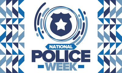 National Police Week. Celebrated annual in May. In honor of the United States police hero. Police badge and star. Officers Memorial Day. American patriotic design. Vector poster, creative illustration