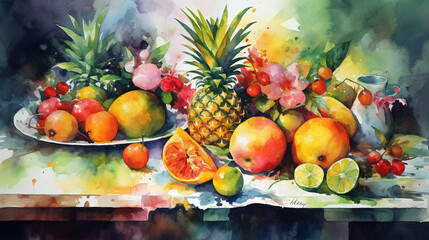Generate a description of a beautiful painting of exotic flowers, exotic fruits (pineapple in the center), and a silk tablecloth beautifully flowing in bright tones, with watercolo Generative AI