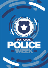 National Police Week. Celebrated annual in May. In honor of the United States police hero. Police badge and star. Officers Memorial Day. American patriotic design. Vector poster, creative illustration