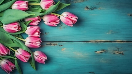 The tulip border with the copying space. A beautiful framed composition of spring flowers. A bouquet of pink tulips on a vintage turquoise-blue wooden background." Generative AI