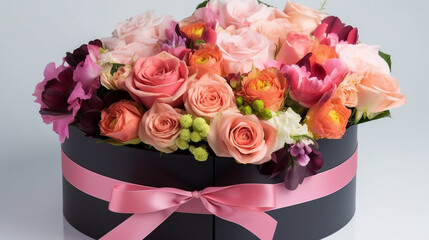 This beautiful unique composition for congratulating your beloved girl on her birthday includes beautiful flowers, silk ribbons, a scattering of pearls and a gift in a box. Flowers Generative AI