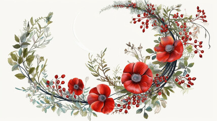 Floral ornament for textile: red flowers, lots of greenery, white background, modern, delicate, unique, crescent-shaped. Generative AI