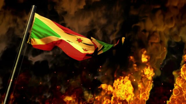 waving Burundi flag on burning fire backdrop - problem concept