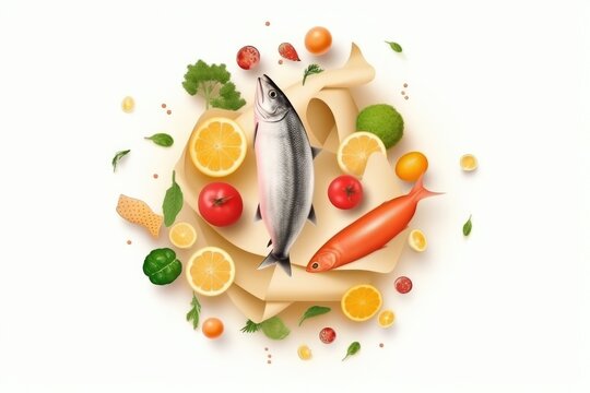 A beautiful display of healthy food including fish, vegetables, and fruits in a paper bag on a white background. Image generated by AI